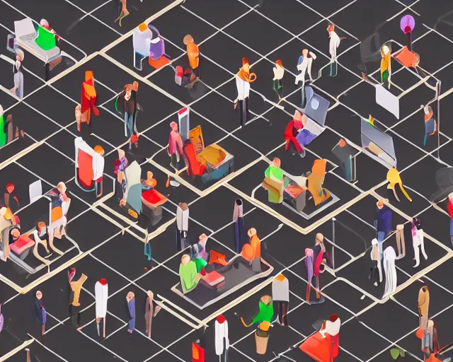 Prompt: A crowd of miniature professional people standing on a computer, isometric, highly detailed, whimsical, 4k