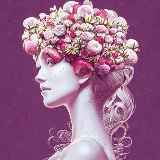 Image similar to the portrait of an absurdly beautiful, graceful, elegant, sophisticated, fashionable woman made of strawberries and white petals looking down, an ultrafine hyperdetailed illustration by kim jung gi, irakli nadar, intricate linework, bright colors, octopath traveler, final fantasy, unreal engine 5 highly rendered, global illumination, radiant light, detailed and intricate environment