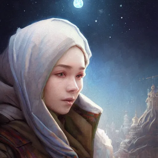 Image similar to A close up portrait on the street of Russian sleeping quarters on the moon, Norilsk, sci-fi, fantasy, intricate, very very beautiful, elegant, highly detailed, digital painting, artstation, concept art, smooth, sharp focus, illustration, art by artgerm and greg rutkowski and alphonse mucha