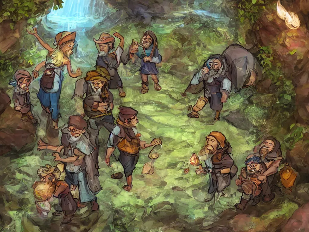 Image similar to Three adventurers - Liz (sorceress), Tim (bearded alchemist) and Farhan (dwarf-like man) exploring underground river with gems laying around | fantasy