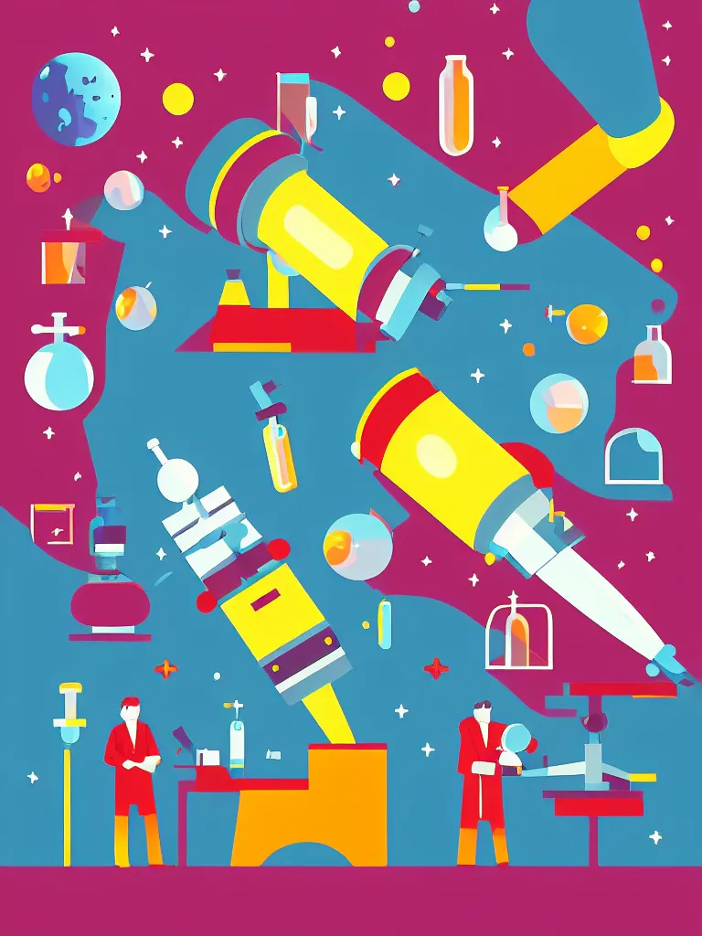 Image similar to editorial illustration scientific lab test tube telescope microscope spaceship, colorful modern, mads berg