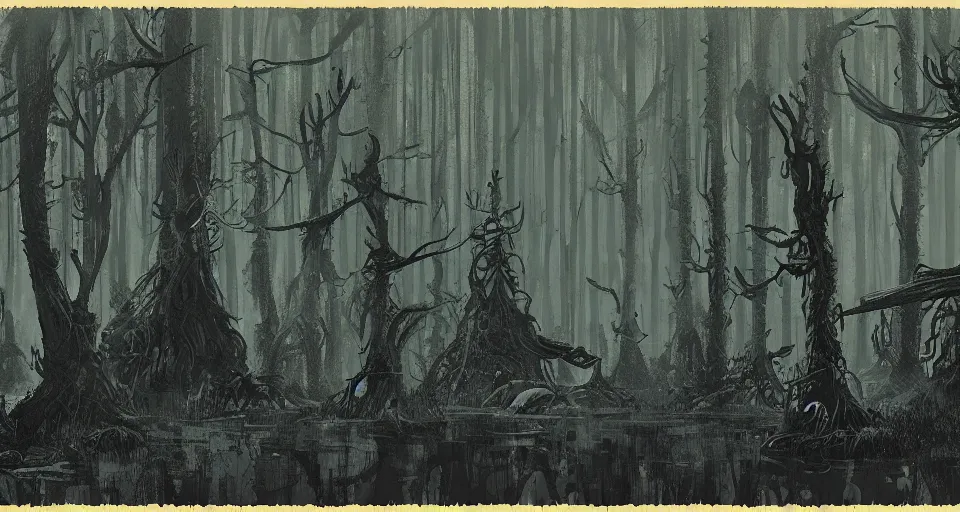 Image similar to A dense and dark enchanted forest with a swamp, by Ian McQue