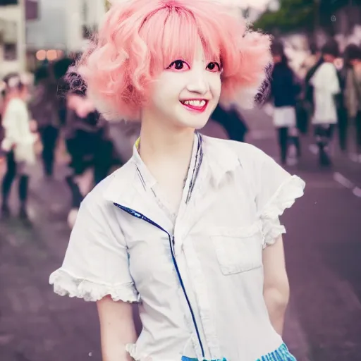 Prompt: happy anime girl, messy curly pastel hair, harajuku fashion, clear clean face, face by lya kushinov, Avetetsuya Studios