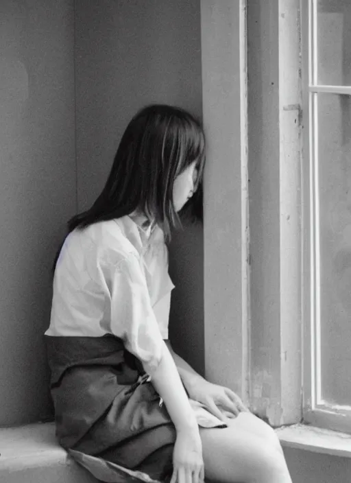 Prompt: photography girl looking sitting next to window by mikiko hara