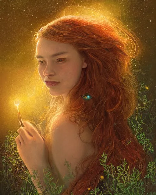 Image similar to a young woman, admiring the lights of golden fireflies, sitting in the midst of nature fully covered, long loose red hair, intricate linework, green eyes, small nose with freckles, oval shape face, soft happy smile, realistic, expressive emotions, mystical scene, hyper realistic ultrafine detailed illustration by james jean, albert bierstadt and artgerm