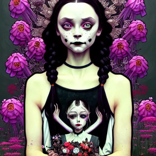 Prompt: a beautiful portrait painting of a ( gothic ) wednesday addams covered with flowers by simon stalenhag and pascal blanche and alphonse mucha!! and nekro!! and josan gonzalez in style of digital art. smooth illustration, film noirs, brush stroke, trichromatic colors, hyper detailed. octane render. trending on artstation