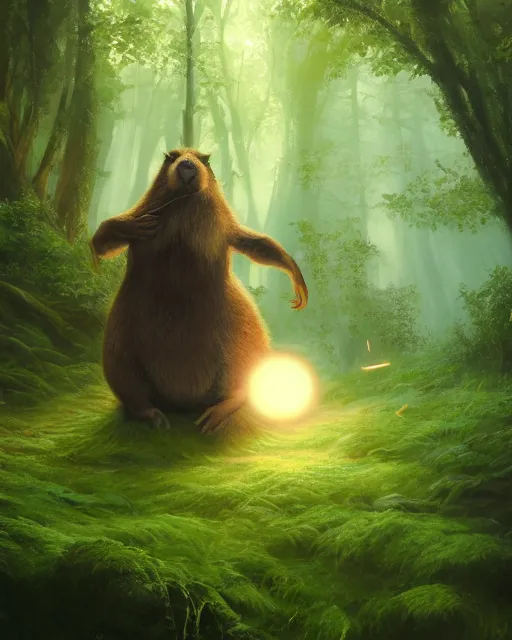 Image similar to oil painting of Anthropomorphized Capybara Druid casting green magic spell, wearing leaf cloak, glowing eyes, sharp focus, fantasy style, octane render, volumetric lighting, 8k high definition, by greg rutkowski, highly detailed, trending on art Station, magic the gathering artwork, magical forest backround, centered
