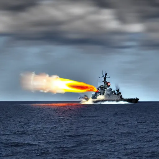 Prompt: Highly detailed photograph of a warship firing its advanced gun system, HDR, 8k