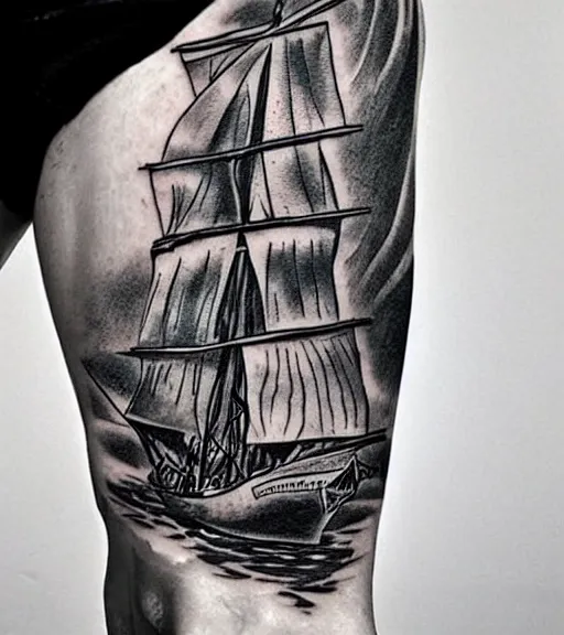 Image similar to A tattoo design on paper of a pirate ship, on paper, black and white, highly detailed tattoo, realistic tattoo, realism tattoo, beautiful shades