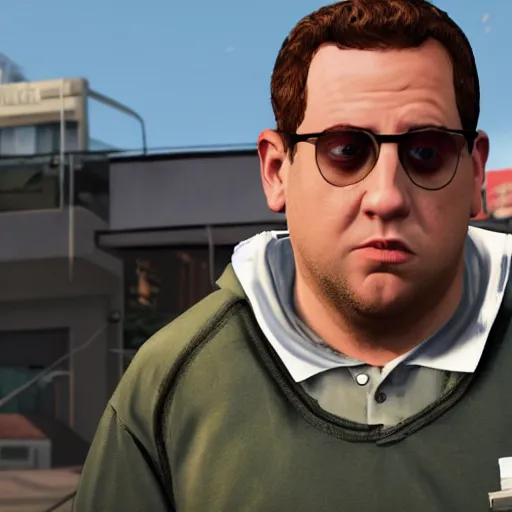 Image similar to jonah hill as a gta v character, wide shot