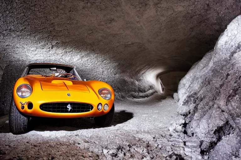 Image similar to cinematography of Ferrari 250 GTO series 2 in a glacier cave by Emmanuel Lubezki