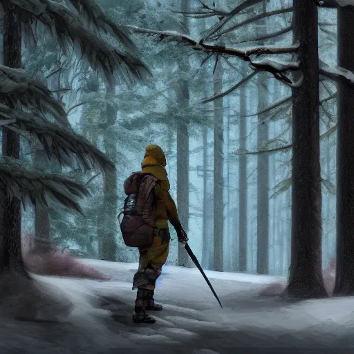 Prompt: A lone adventurer in a snowy forest, digital painting, concept art, 3d with depth of field, sharp focus, 8k, by Barret Frymire