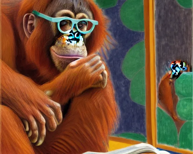 Prompt: a matte painting of a male orangutan studying in a library, wearing glasses, in the style of henri matisse and algernon blackwood, highly detailed digital art