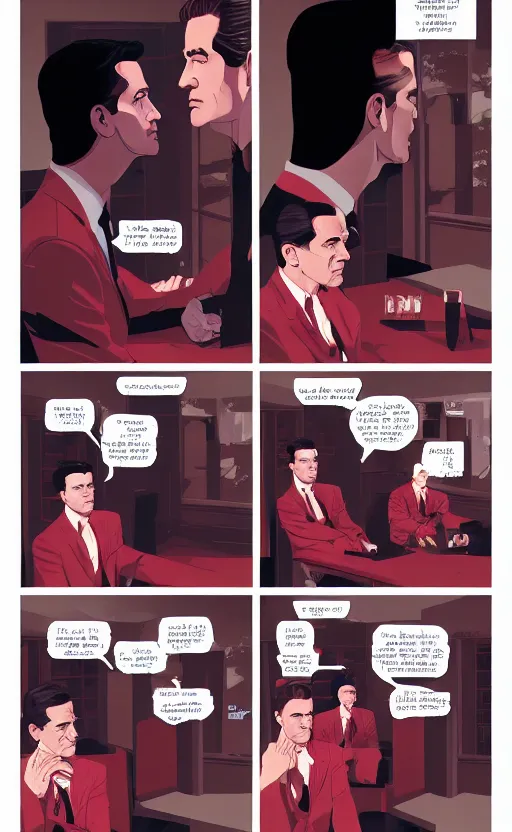 Prompt: Surreal Twin Peaks comic page of Dale Cooper in the Red Room by Tomer Hanuka