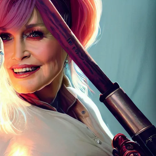 Image similar to closeup of Dolly Parton holding a baseball bat, cyberpunk 2077, intricate, elegant, highly detailed, digital painting, artstation, concept art, matte, sharp focus, illustration, hearthstone, art by Artgerm and Greg Rutkowski and Alphonse Mucha