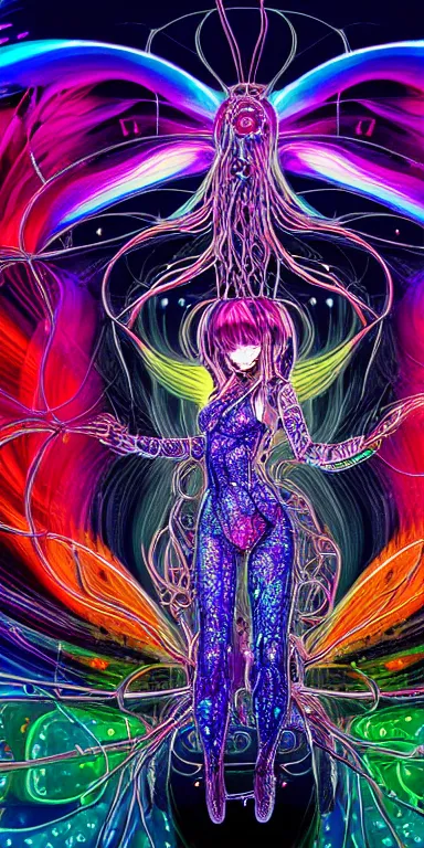 Prompt: ultra detailed butterfly goddess made out of liquid chrome in a multiverse, melting face, surrounded by mechanical wires, symmetric, wide shot, cinematic, anime aesthetic by Andrew Thomas Huang Bjork Avatar Artwork, Druillet, colorfull, vivid colors, 8k, uplifting, magical composition artstation
