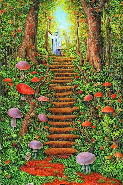 Image similar to digital painting detailed forest tree with door and stairs, magical forest flowers mushrooms painted by Michael Cheval