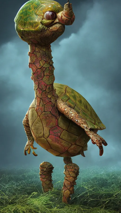 Image similar to a smartly dressed strange bird turtle giraffe chimera creature with scales feathers fins tusks on a lush fertile alien planet, in the style of shaun tan, sam shearon, dr seuss, leng jun, max ernst, close up, fantastic, wonderful, science fiction, dramatic studio lighting, atmospheric, national geographic, 3 d sculpture 8 k octane render