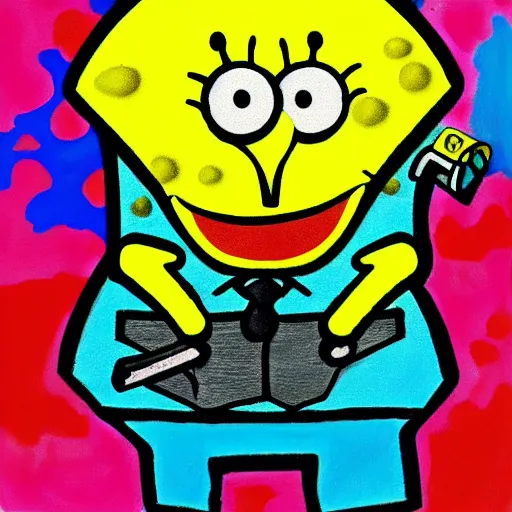 Image similar to spongebob squarepants cartoon character holding a kitchen knife, childish crayon art