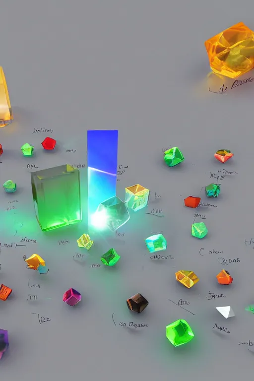 Image similar to a collection of prisms of all the chemical elements in the world, unreal engine