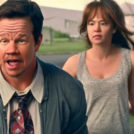 Image similar to scene from a movie that looks like a drama but it's a laugh hard comedy, starring mark wahlberg, shot by darren aronofsky, 4 k