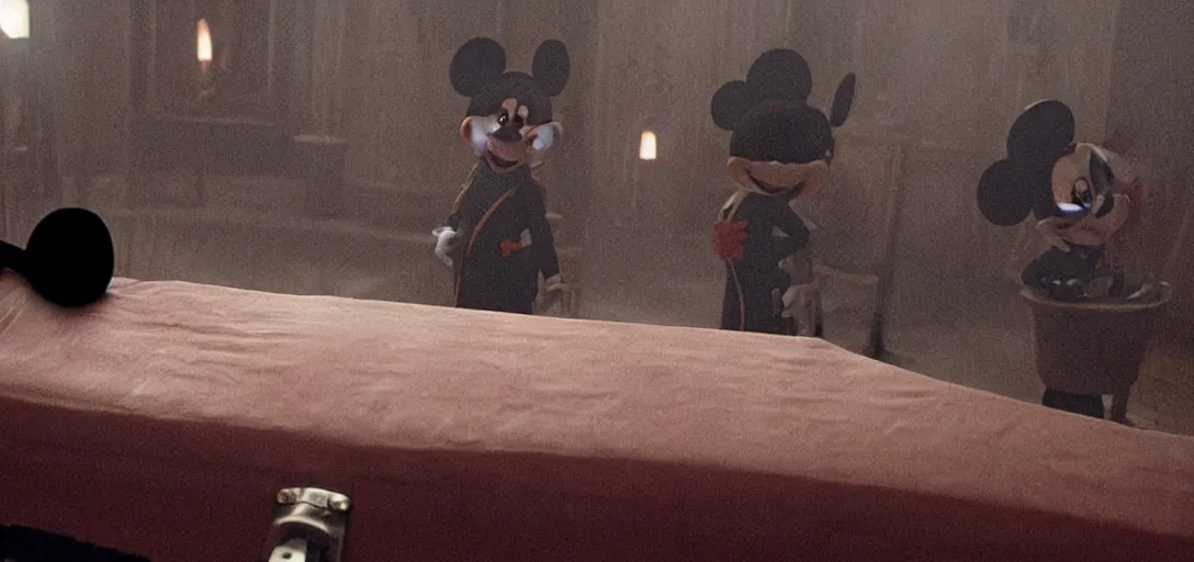 Prompt: prince of darkness as mickey mouse waking from his coffin, foggy, cinematic shot, photo still from movie by denis villeneuve, wayne barlowe