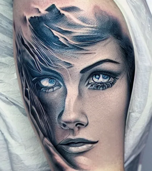 Image similar to tattoo design sketch of a beautiful blue - eyed woman face with a faded background of beautiful mountains and nature on her side, hyper - realistic, in the style of den yakovlev, amazing detail, black and white