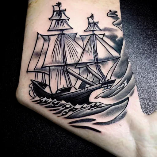 Image similar to a pirate ship sailing in the sea, realism tattoo design, amazing shades, clean white paper background, in the style of david vega