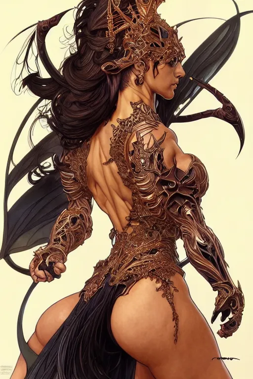 Image similar to symmetry!! intense fanart of back pose of witchblade as acotar protagonist, traditional queen dress, intricate, hyper detailed background, elegant, highly detailed, my rendition, digital painting, artstation, concept art, smooth, sharp focus, illustration, art by artgerm, greg rutkowski and alphonse mucha, by hajime sorayama and boris vallejo