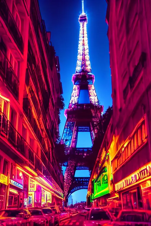 Image similar to neon streets of paris with eiffel tower, 4 k, award winning photo, cyberpunk style