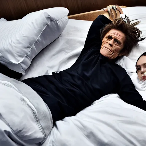 Image similar to willem dafoe lying in a bed with billie eilish