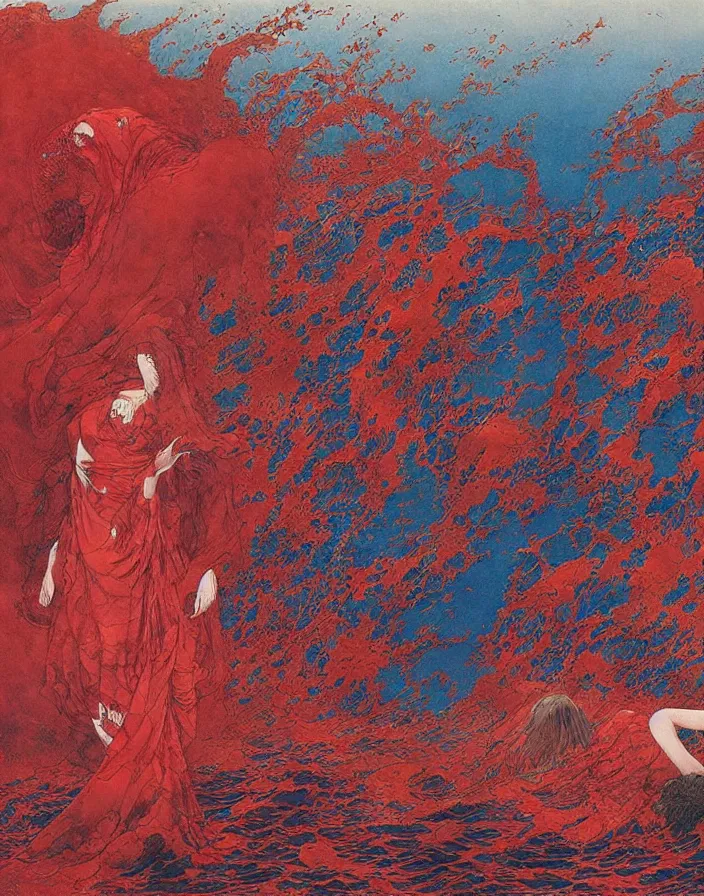 Image similar to worshippers in red robes wading through waves, high detailed beksinski painting, part by adrian ghenie and gerhard richter. art by takato yamamoto. masterpiece, deep colours, blue