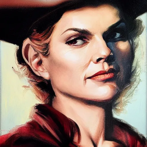 Image similar to ultra realistic portrait painting of kim wexler as a western outlaw, art by frank frazetta, 4 k, ultra realistic, highly detailed, epic lighting