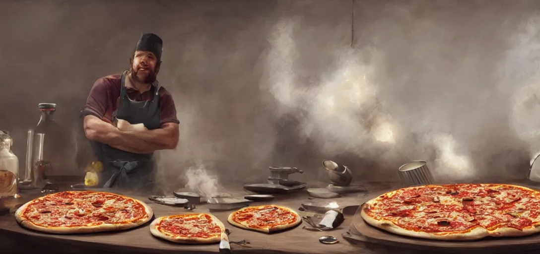 Image similar to a chef inventing pizza, scientific, tools, happy chef, pots and pans, jars, fog, magic, 8k, james gurney, greg rutkowski, john howe, artstation