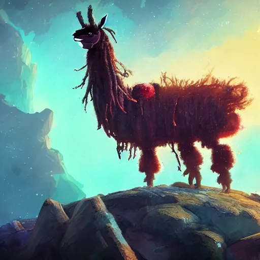 Prompt: llama with dreadlocks, realistic creature concept, heroic pose, space nebula in background, by Ian McQue, 4k, artstation