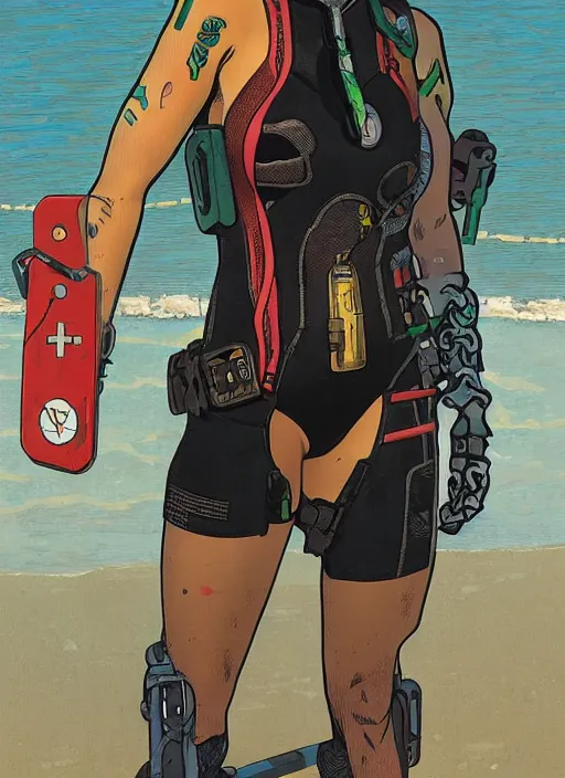 Image similar to cyberpunk beach lifeguard. swimsuit. portrait by ashley wood and alphonse mucha and laurie greasley and josan gonzalez and james gurney. splinter cell, apex legends, rb 6 s, hl 2, d & d, cyberpunk 2 0 7 7. realistic face. character clothing. vivid color. dystopian setting.