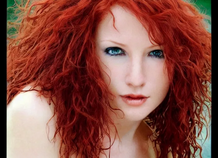 Image similar to award winning 8 5 mm close up face portrait photo of a redhead with maroon wavy hair in a part by luis royo.