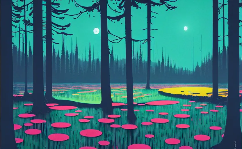 Prompt: a pond in the forest, moonlight, wild flower garden, summer city night, very coherent and colorful high contrast art by simon stalenhag james gilleard floralpunk screen printing woodblock, dark shadows, pastel color, hard lighting