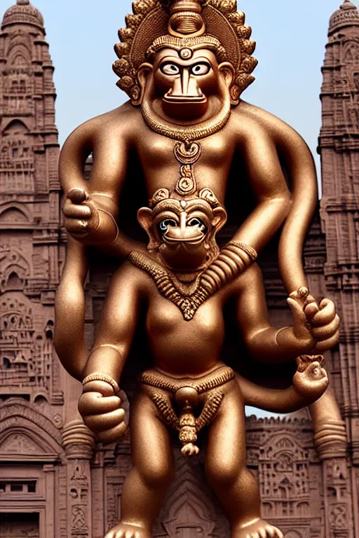 Image similar to high quality 3 d baroque biomorphic hanuman! monument & buildings in mumbai!!, highly detailed, cinematic smooth, berenice abbott & john j. park, dramatic morning light, wide shot, high angle, uhd 8 k, sharp focus