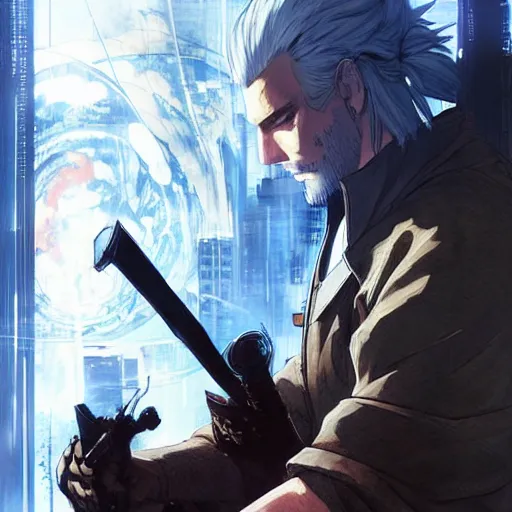 Image similar to well drawn illustartion of Anime geralt of rivia examining a sleeping dragon wide angle sharp fine details. Anime. cyberpunk realistic shaded lighting by katsuhiro otomo ghost-in-the-shell, magali villeneuve, artgerm, rutkowski Jeremy Lipkin and Giuseppe Dangelico Pino and Michael Garmash and Rob Rey