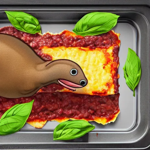 Image similar to platypus wearing a chef hat while putting a lasagna in an oven, with three basil leaves over the lasagna