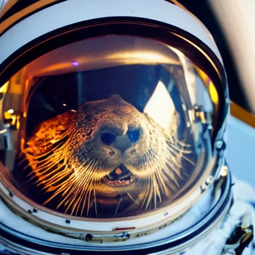 Image similar to close-up of an astronaut space helmet with an otter's face visible inside, dramatic lighting, realistic reflections