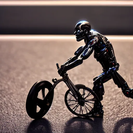 Prompt: terminator riding a unicycle down the highway, side profile, fast moving cars all around, photograph, 4 k