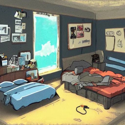 Image similar to a teenage boy's dark and slightly messy bedroom, super detail, studio ghibli