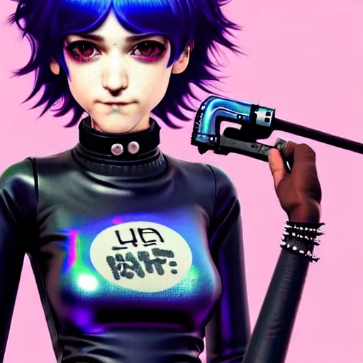 Prompt: a beautiful ramona flowers wearing punk fashion with head tilted back, focus close on eyes realistic skin texture, eighties holographic art by ilya kuvshinov monet range murata artgerm katsuhiro otomo norman rockwell, highly detailed intricately sharp focus, bedroom eyes trending on pinterest vogue italia unreal engine 5, 4 k uhd image