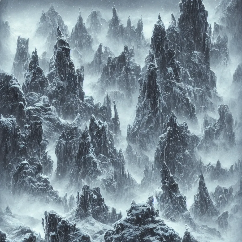 Image similar to deserted frozen stonepunk cityscape of cyclopean towers and cephalopod castles in the mountains of antarctica, upward cinematic angle, by p. craig russell, rodney matthews, frank frazetta and michael kaluta, fantasy art, snowy atmosphere, heavy winter aesthetics, stunning composition, alien faces, monstrous behemoth statues of animal gods, intricate, strange, elegant, digital art, hyperdetailed, colorful hyperrealism, brilliant photorealism, masterpiece, 8k