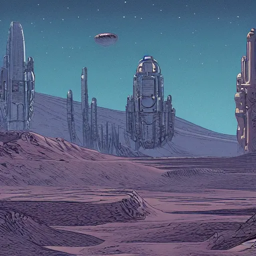 Image similar to western sci - fi planet in the style of moebius