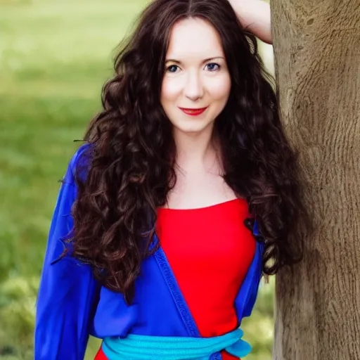 Prompt: A woman with long wavy brunette hair wearing a blue dress with a red belt