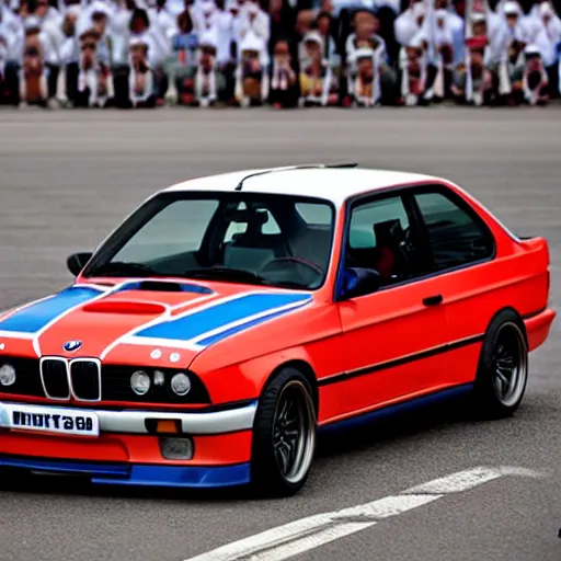 Prompt: bmw m 3 e 3 0 painted like north korean flag, in north korean parade