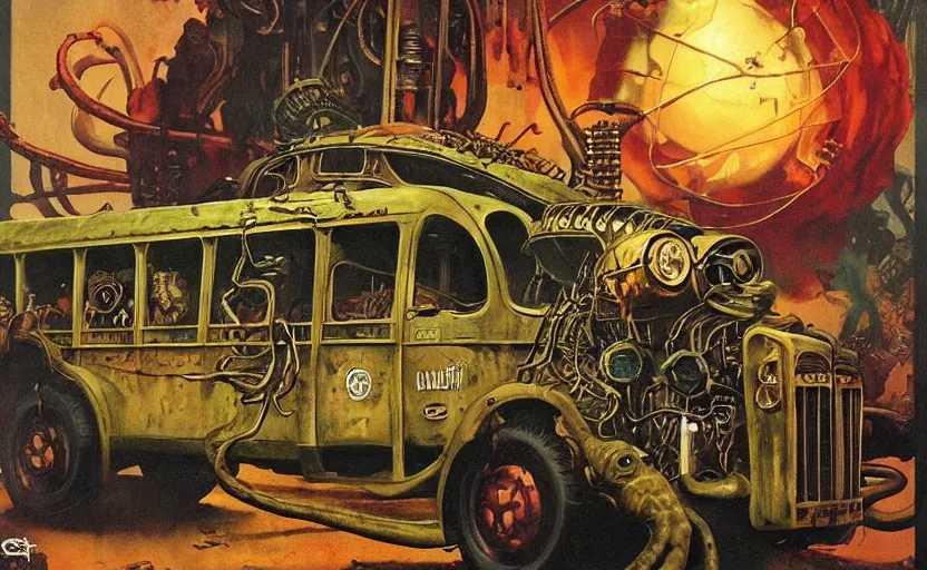 Prompt: cthulhu devouring a steampunk school bus. highly detailed science fiction painting by norman rockwell, frank frazetta, and syd mead. rich colors, high contrast, gloomy atmosphere, dark background. trending on artstation